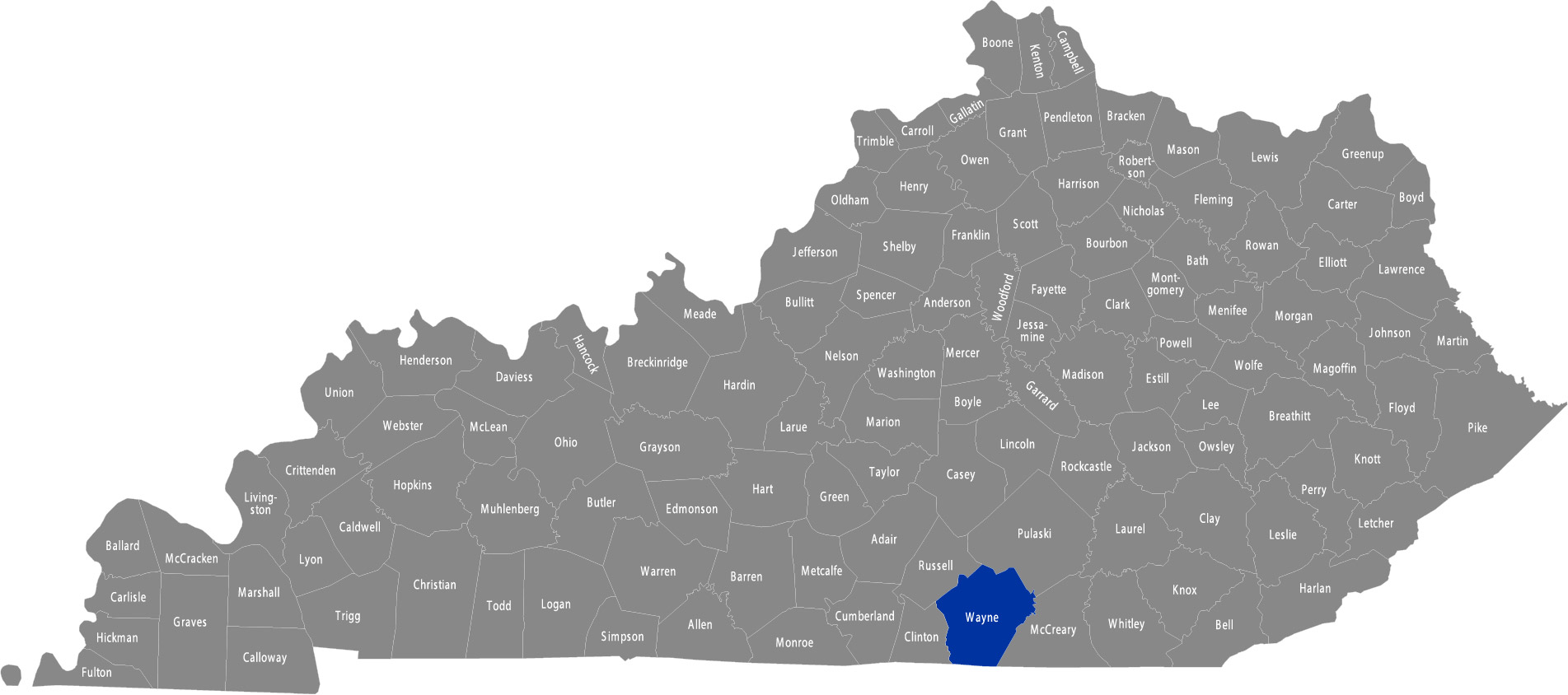 State of Kentucky map with Wayne County highlighted